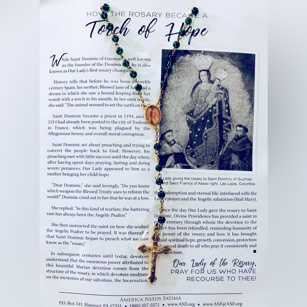 Fatima rosary beads, our lady of hope clear emerald green & goldtone Crucifix